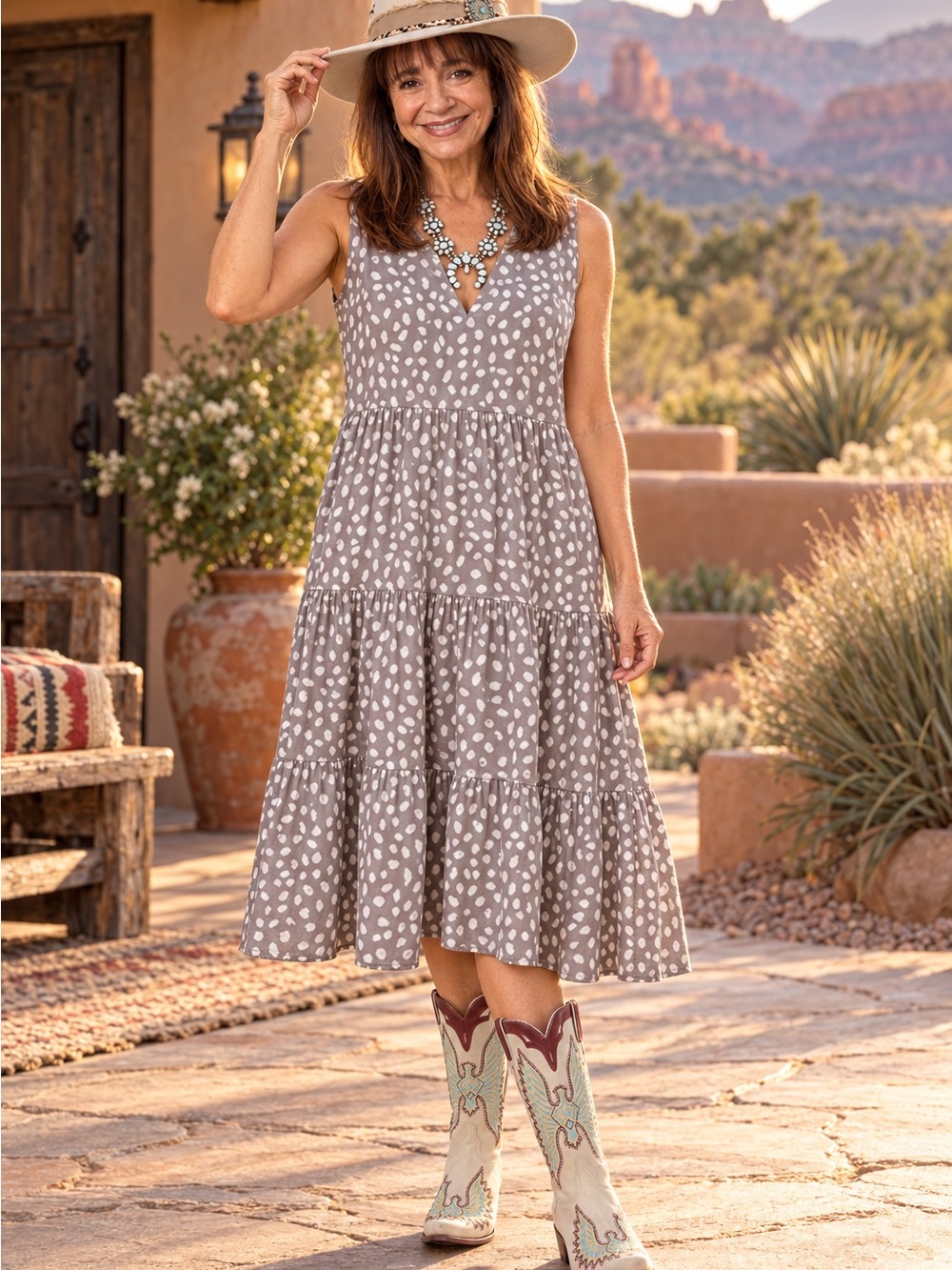 Sleeveless Taupe Dot Tiered Midi Dress - Women